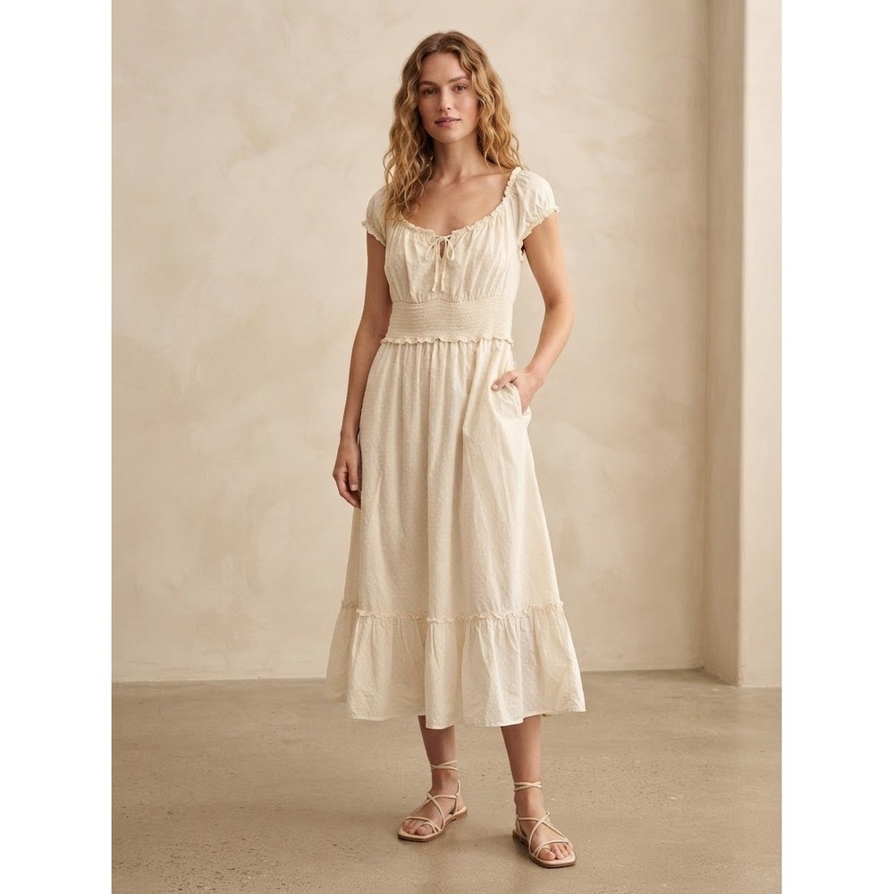 Old Navy Cream Smocked Midi Dress Cap Sleeve Cottage Prairie Milkmaid Ren Faire